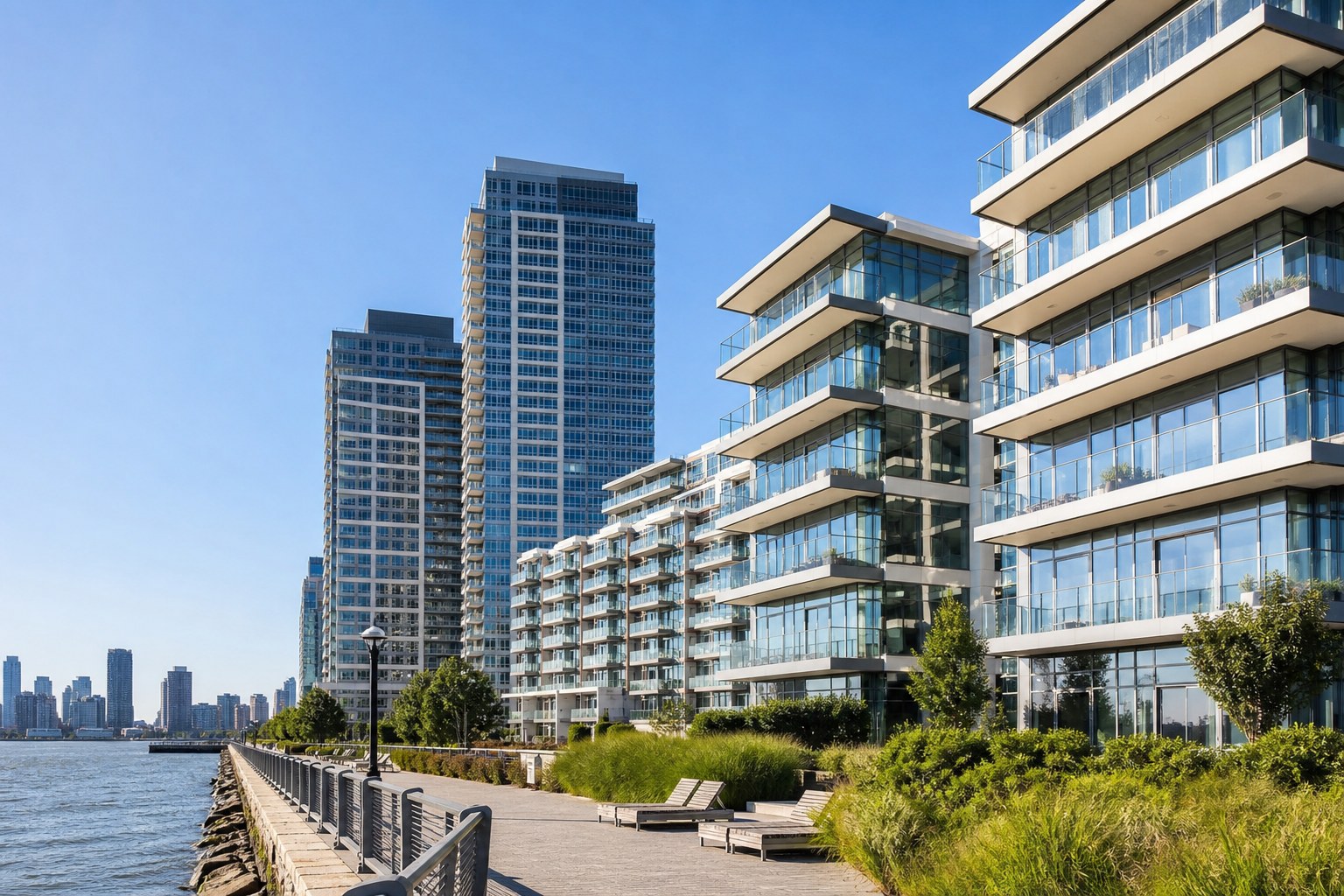 Waterfront condominium buildings in Jersey City, concept imagery