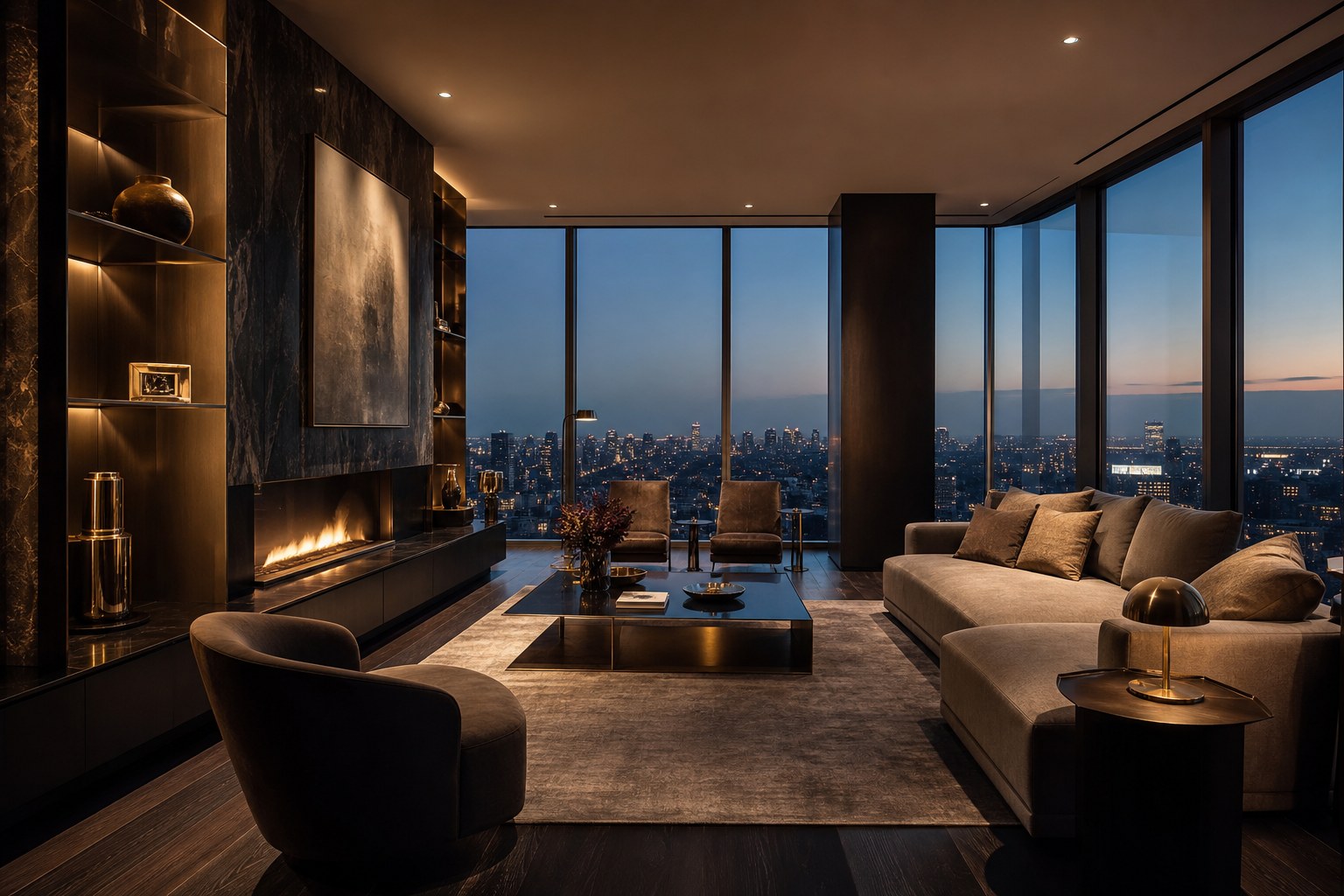 Condominium interior at dusk, concept imagery